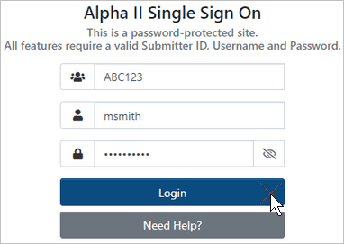 The Alpha II Single Sign On page. There are three fields on the page, all with information entered: the Submitter ID field, the User Name field, and
      the Password field.